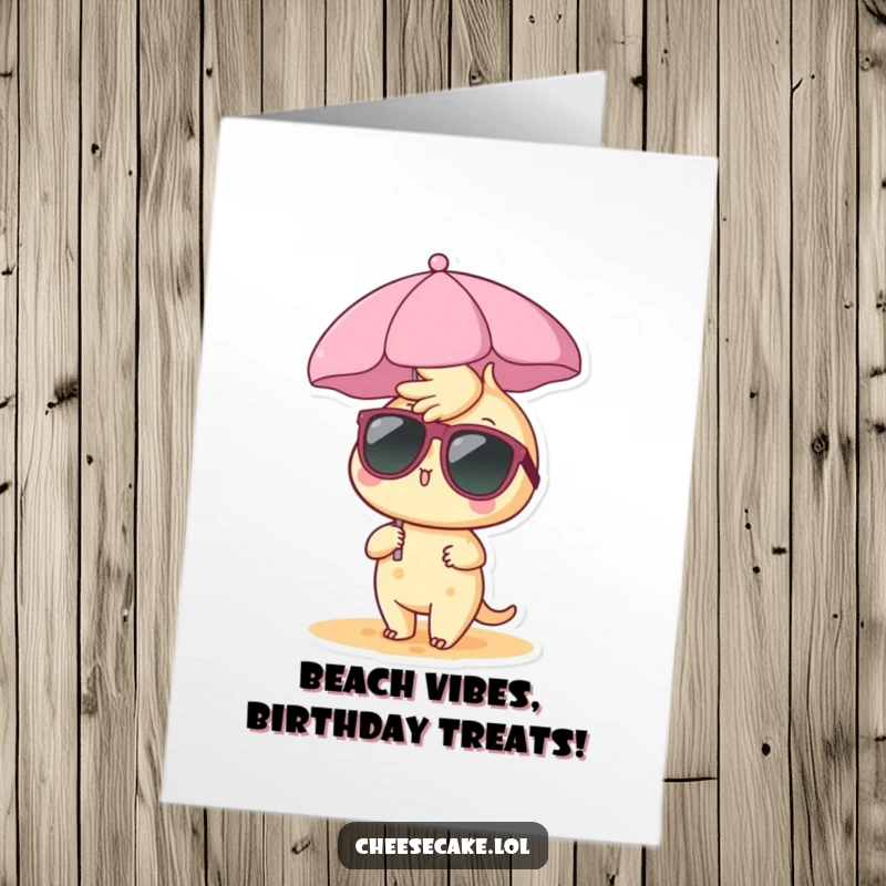 Funny Free Printable Birthday Card: A cheesecake character in sunglasses relaxes under a tiny beach umbrella, wishing happy birthday.