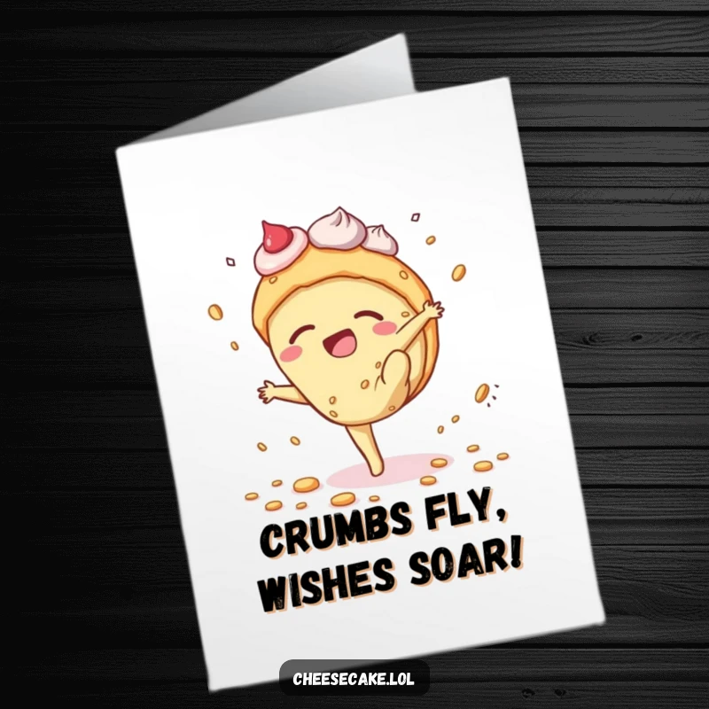 Funny Free Printable Birthday Card featuring a clumsy cheesecake doing a crumb-scattering cartwheel, perfect for a laugh.