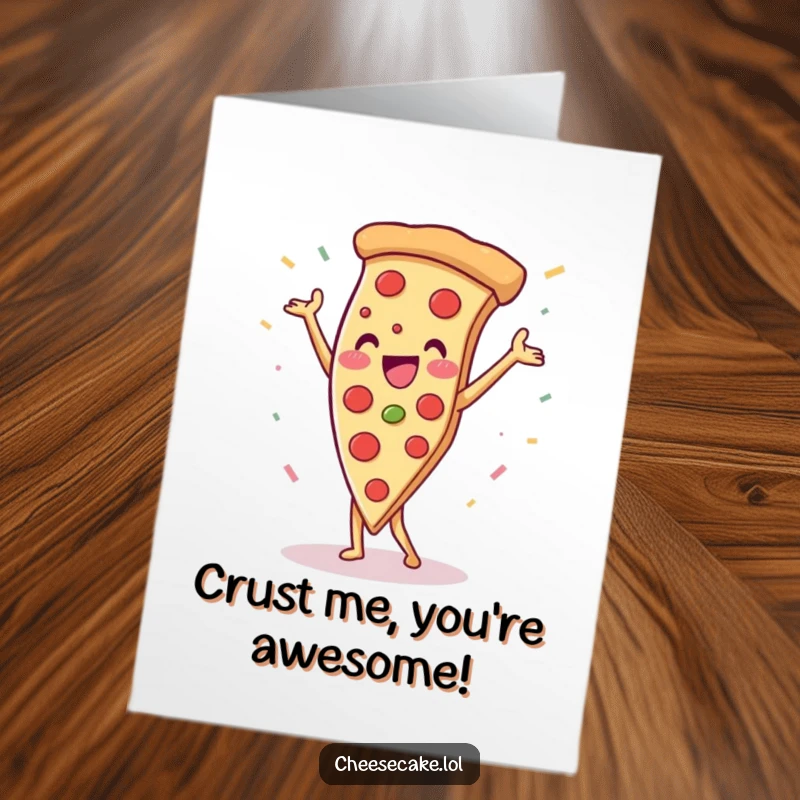 Funny Free Printable Birthday Card: A triumphant pizza slice doing a handstand amidst falling confetti, ready to party.