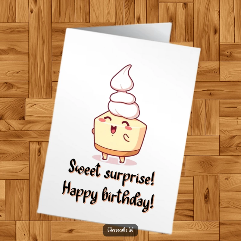 Funny Free Printable Birthday Card showing a cheesecake ecstatically anticipating a falling dollop of whipped cream.
