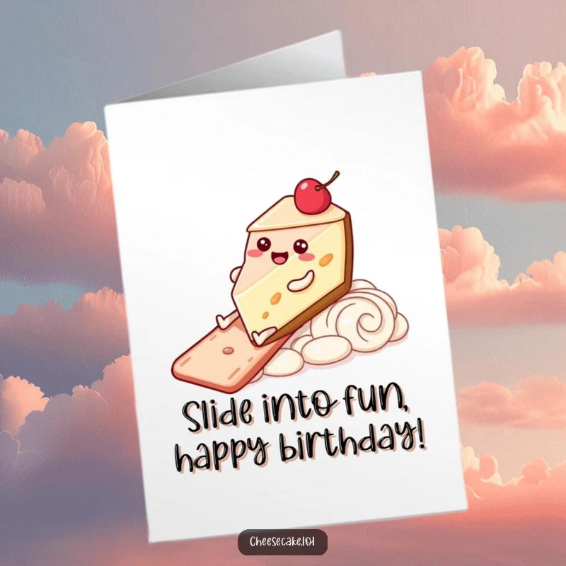 Funny Free Printable Birthday Card: Cheesecake character with legs happily sliding down a colorful frosting slide, pure joy.