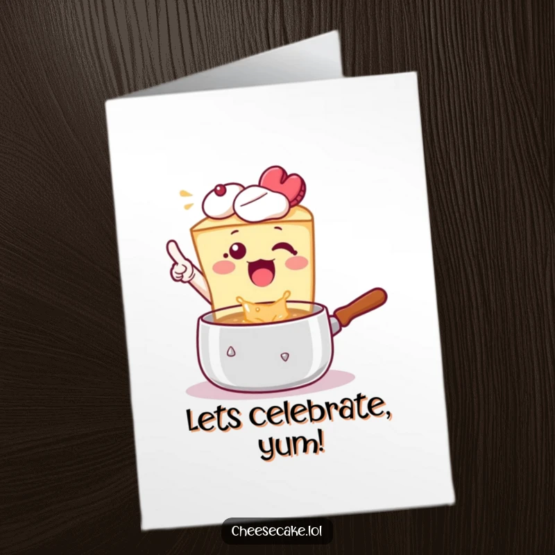 Funny Free Printable Birthday Card: An excited cheesecake enthusiastically points towards a bubbling, mysterious pot.