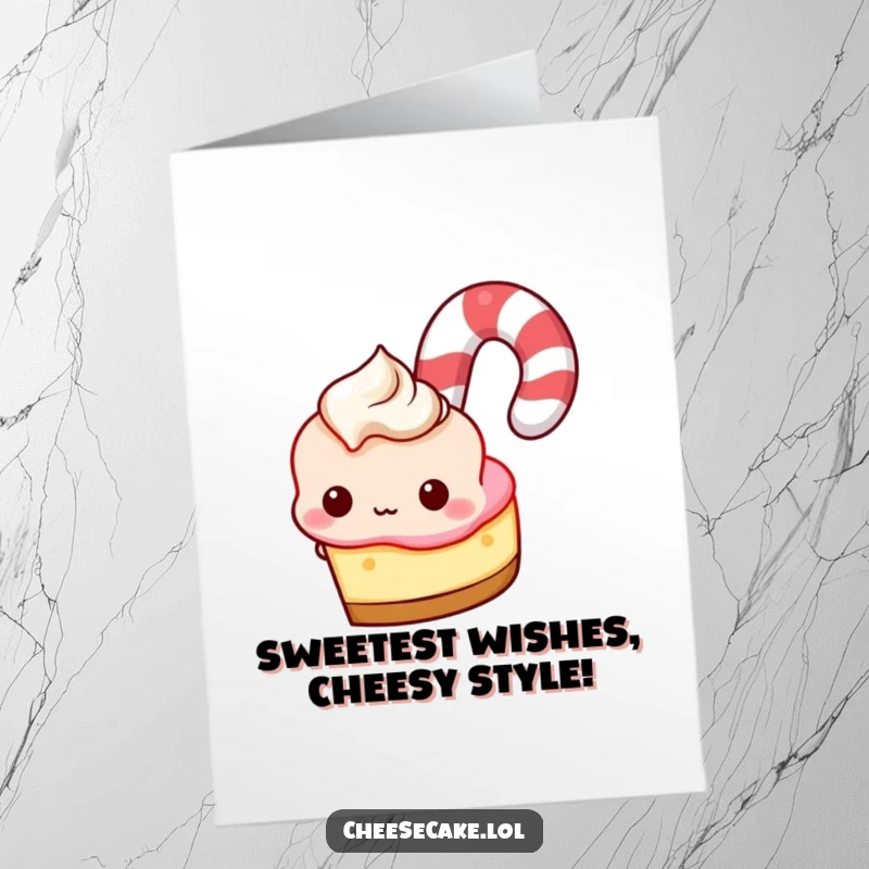 Funny Free Printable Birthday Card: Mischievous cheesecake hiding behind a huge candy cane, peeking with a grin.