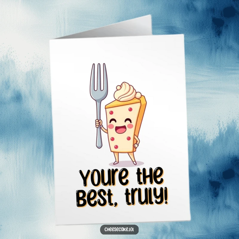 Funny Free Printable Birthday Card: A cheesecake acting like a superhero, holding up a giant fork dramatically.