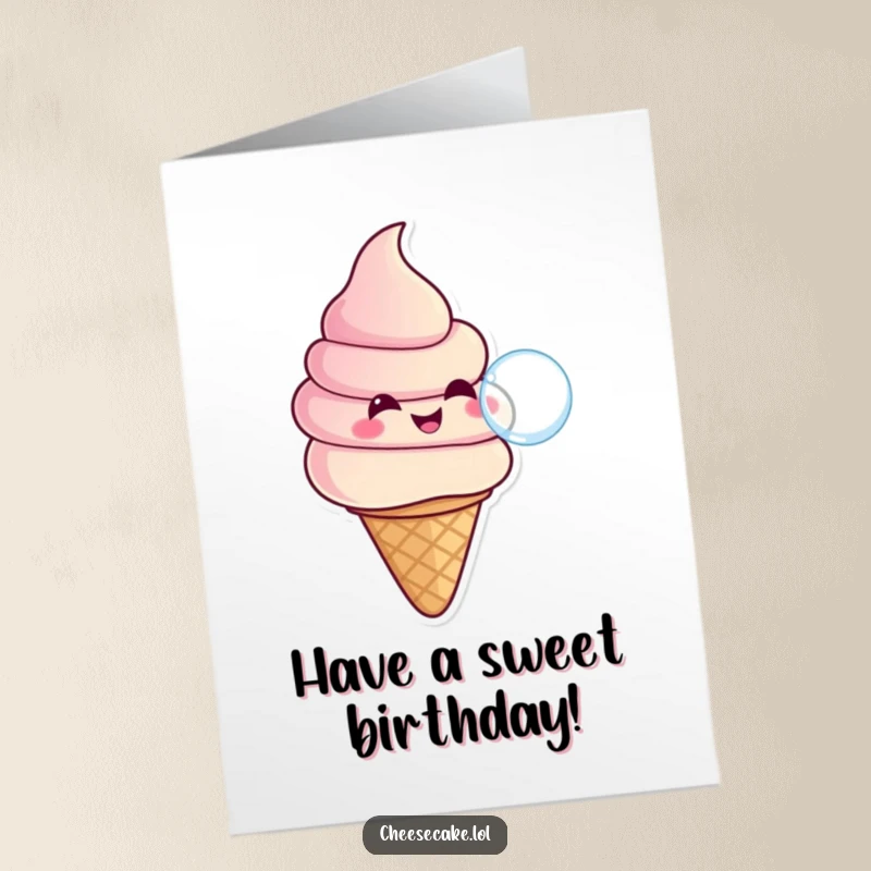 Funny Free Printable Birthday Card: A smiling ice cream cone blowing a bubble, wishing a happy birthday.