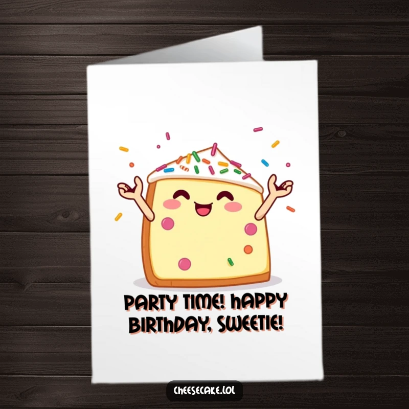 Funny Free Printable Birthday Card: A cheerful wedge of cheesecake with tiny arms expertly juggles colorful sprinkles.