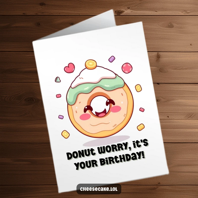 Funny Free Printable Birthday Card: Smiling donut with frosting joyfully juggling colorful candy pieces, a delightful DIY gift.