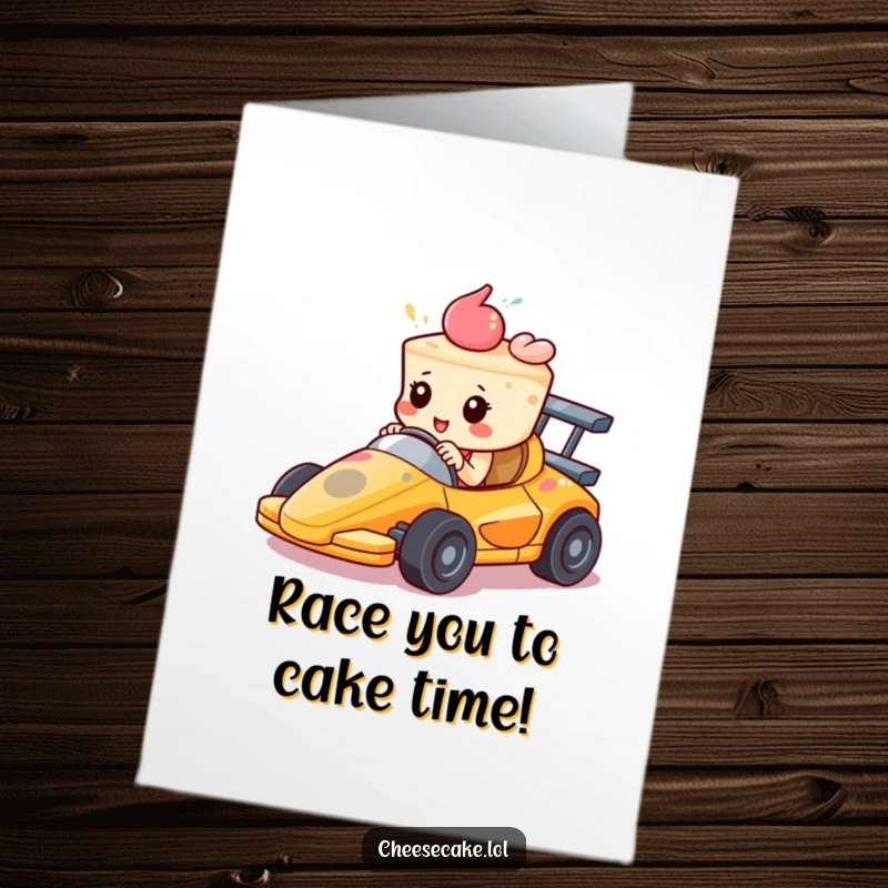 Funny Free Printable Birthday Card: A cheesecake in a tiny race car speeds forward with determination, a downloadable treat.