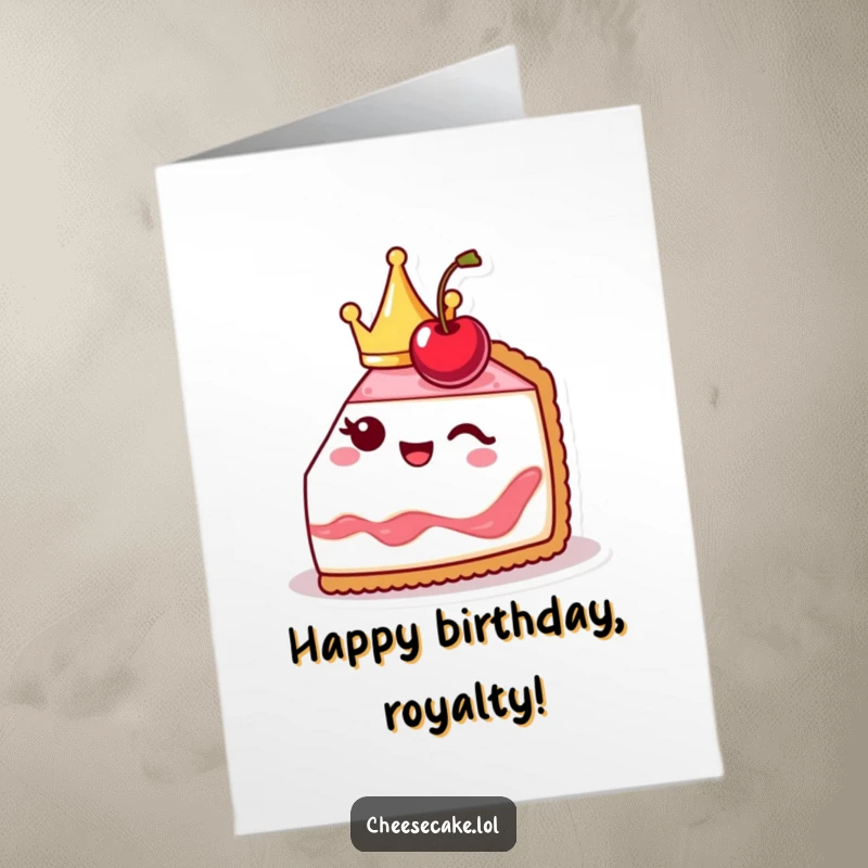 Funny free printable birthday card of a cute cheesecake slice wearing a crown and winking with its cherry head.