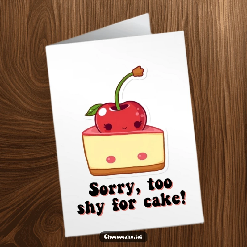 Funny Free Printable Birthday Card: A shy cheesecake wedge blushing as it peeks from behind a bright red cherry.