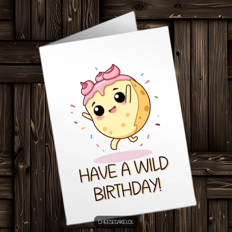 Funny free printable birthday card with a cheesecake mid-cartwheel, playfully splattering colorful sprinkles everywhere, full of joy.