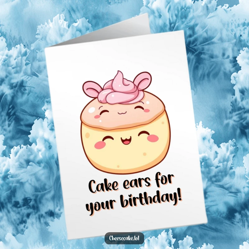 Funny Free Printable birthday card showcasing a round cake character gleefully wiggling its frosting ears. A joyful design.