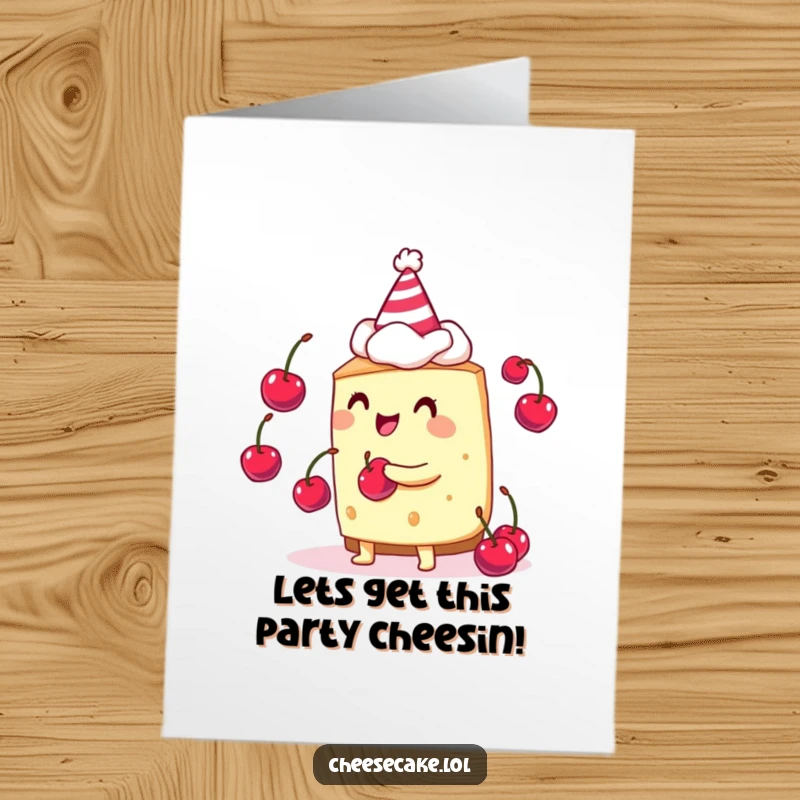 Funny Free Printable Birthday Card of a cheesecake wearing a party hat, gleefully juggling small cherries.