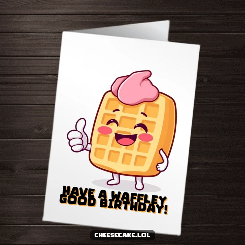 Funny Free Printable Grinning Waffle Birthday Card, Character Giving Thumbs Up, Breakfast Treat