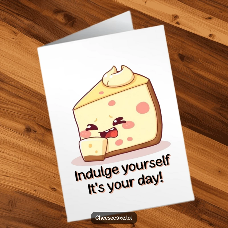 Funny free printable birthday card of a mischievous cheesecake slice trying to sneak a bite of its own creamy goodness.