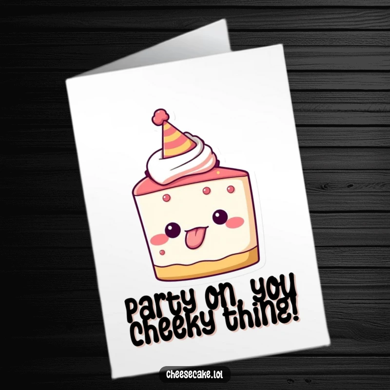 Funny Free Printable Birthday Card: A cheesecake character in a party hat sticks its tongue out in a playful tease.