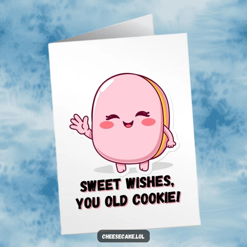 Funny Free Printable Winking Macaroon Birthday Card, Character Waving Happily, Sweet Treat Design