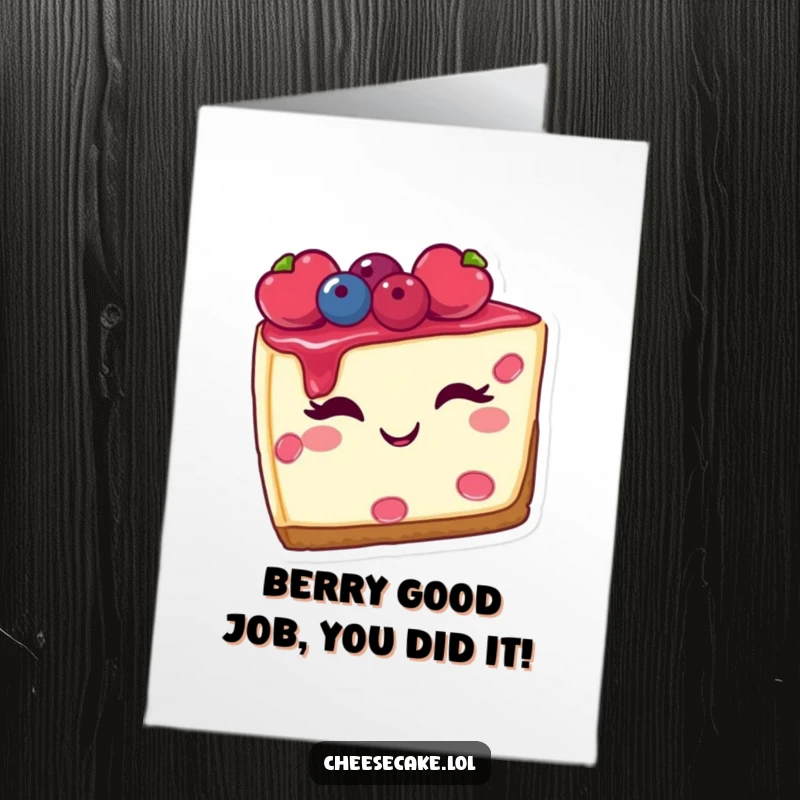 Funny Free Printable Congrats Card: A delectable cheesecake slice with berries winks charmingly, celebrating a milestone.