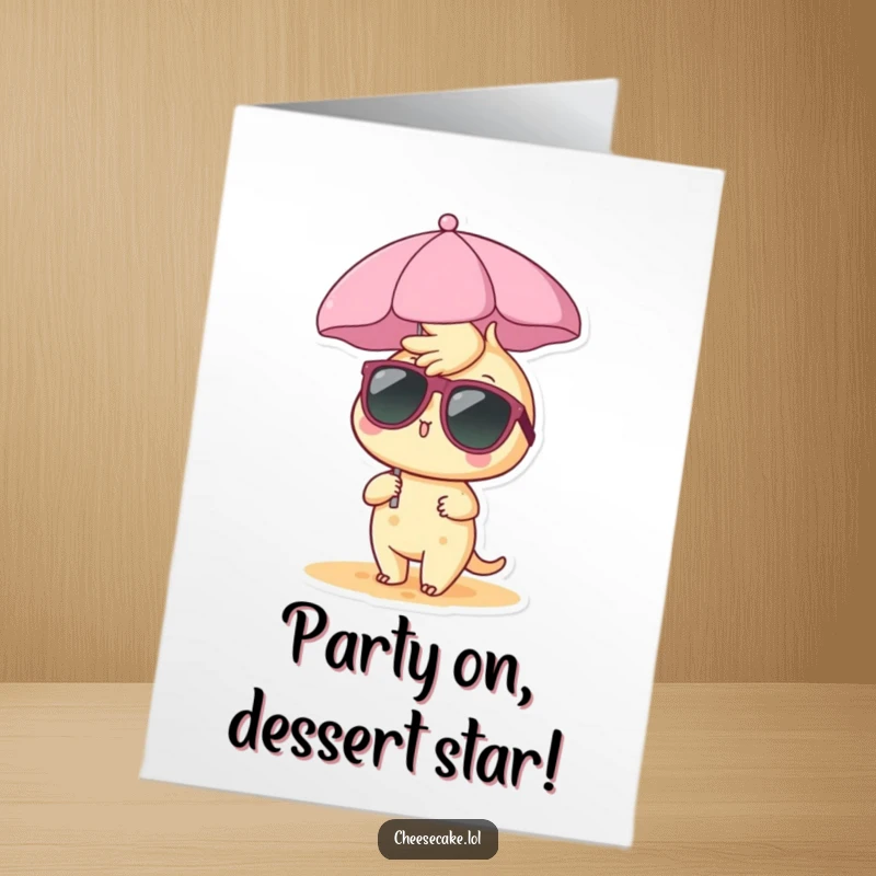 Funny Free Printable Congratulations Card: A cheesecake character wearing sunglasses under a beach umbrella, celebrating success.