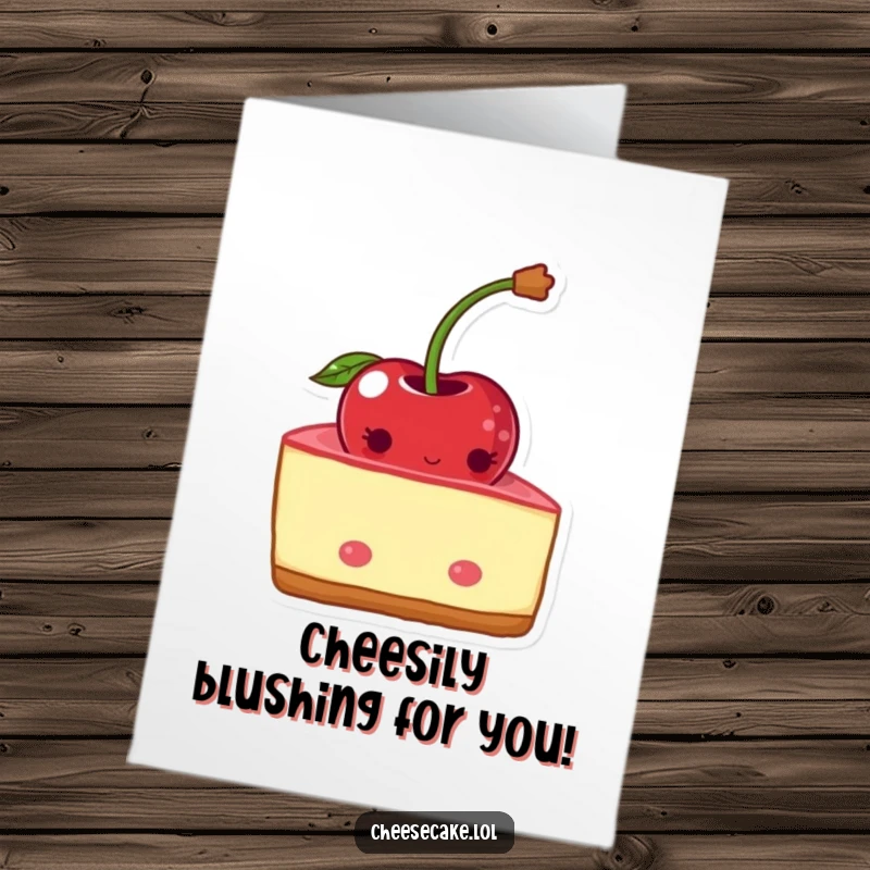 Funny Free Printable Congratulations Card: A bashful cheesecake wedge hiding behind a cherry, blushing with pride.