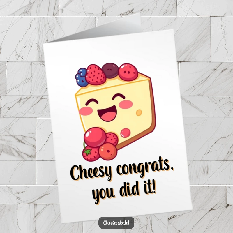 Funny Free Printable Congratulations Card: A happy cheesecake slice overflowing with berries chuckling with delight over a sweet success.