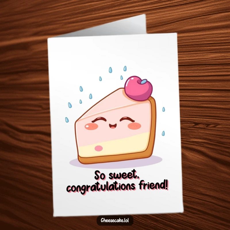 Funny Free Printable Congratulations Card: A cheesecake slice tilts its head back, eyes closed in pure bliss under a sprinkle shower.