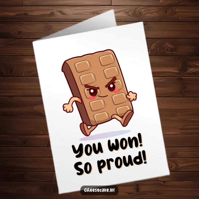 Funny Free Printable Congratulations Card: Chocolate bar running a race with determination, crossing the finish line victoriously.