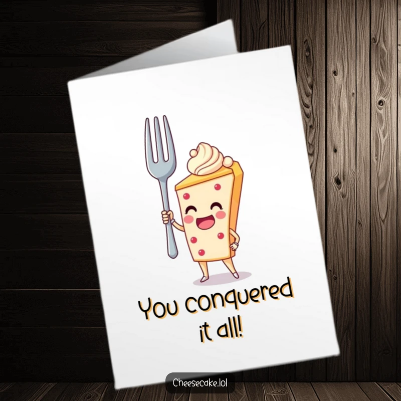 Funny Free Printable Congratulations Card: A cheesecake stands tall, heroically supporting a massive fork.