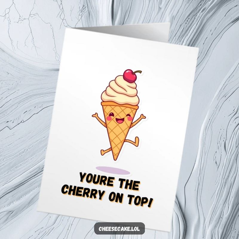 Funny Free Printable Congratulations Card: A smiling ice cream cone cartwheeling with a cherry, expressing celebratory excitement.