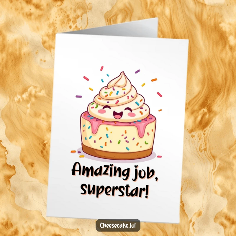 Funny Free Printable Congratulations Card: A happy cheesecake enthusiastically juggling colorful sprinkles in mid-air.