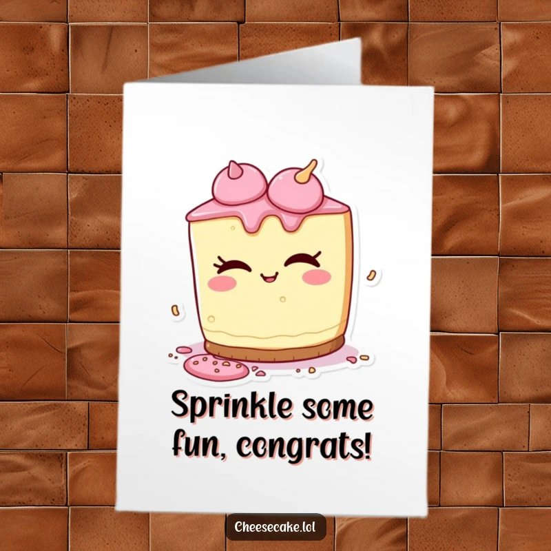 Funny Free Printable Congratulations Card: a cheesecake character winks mischievously while spilling colorful sprinkles. Playful success.