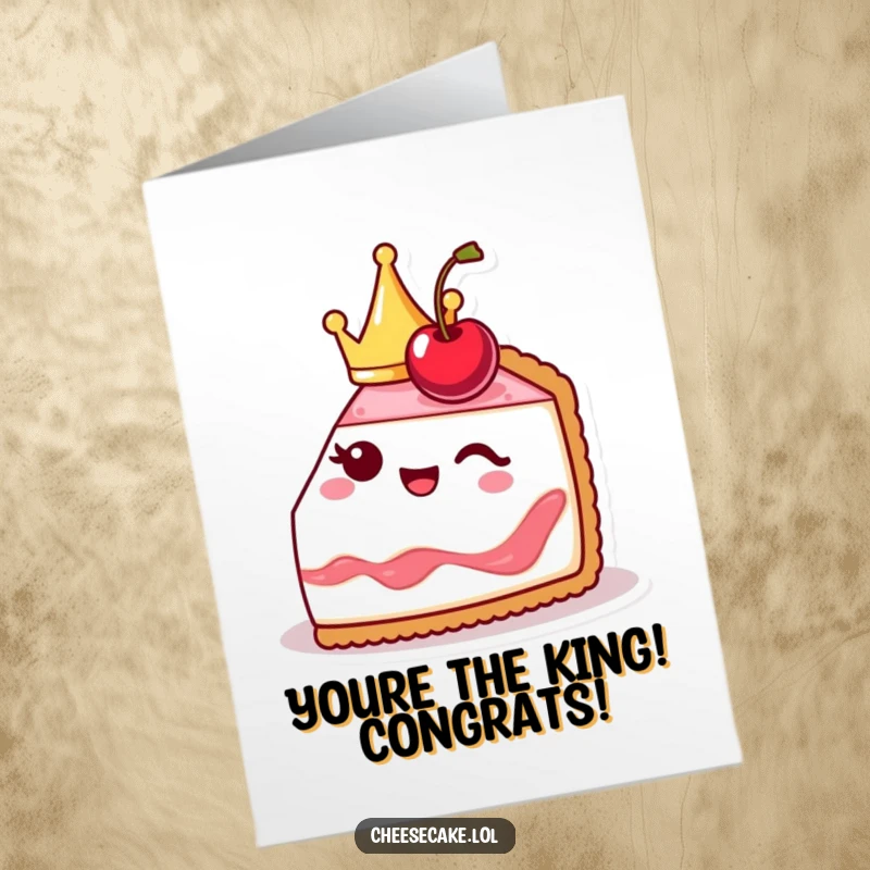 Funny free printable congratulations card of a cute cheesecake slice in a crown winking, celebrating a royal success.