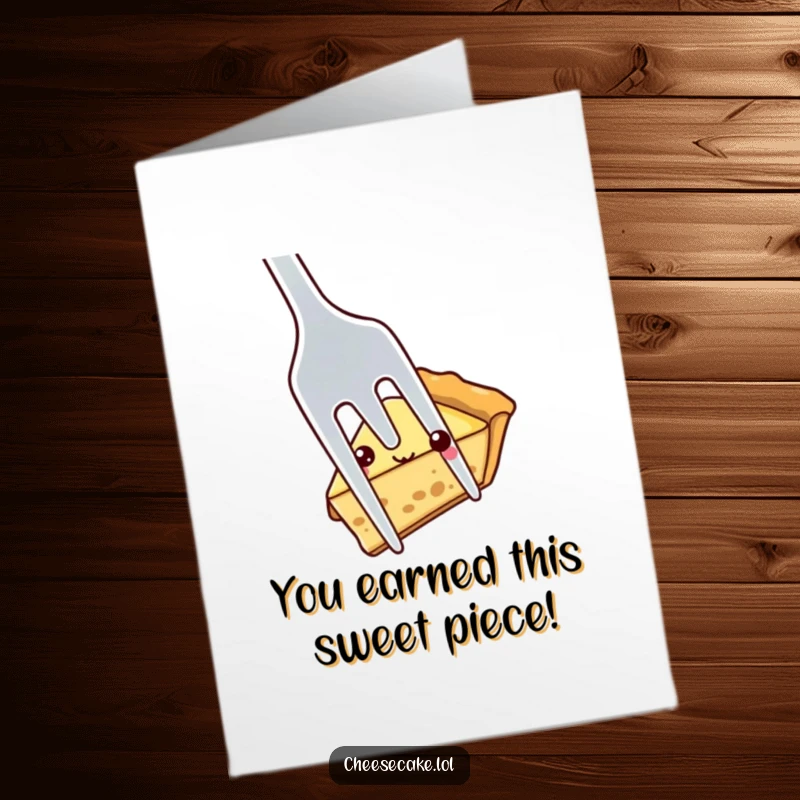 Funny Free Printable Congratulations Card: A shy pie slice peeks from behind a large fork, offering subtle congratulations.