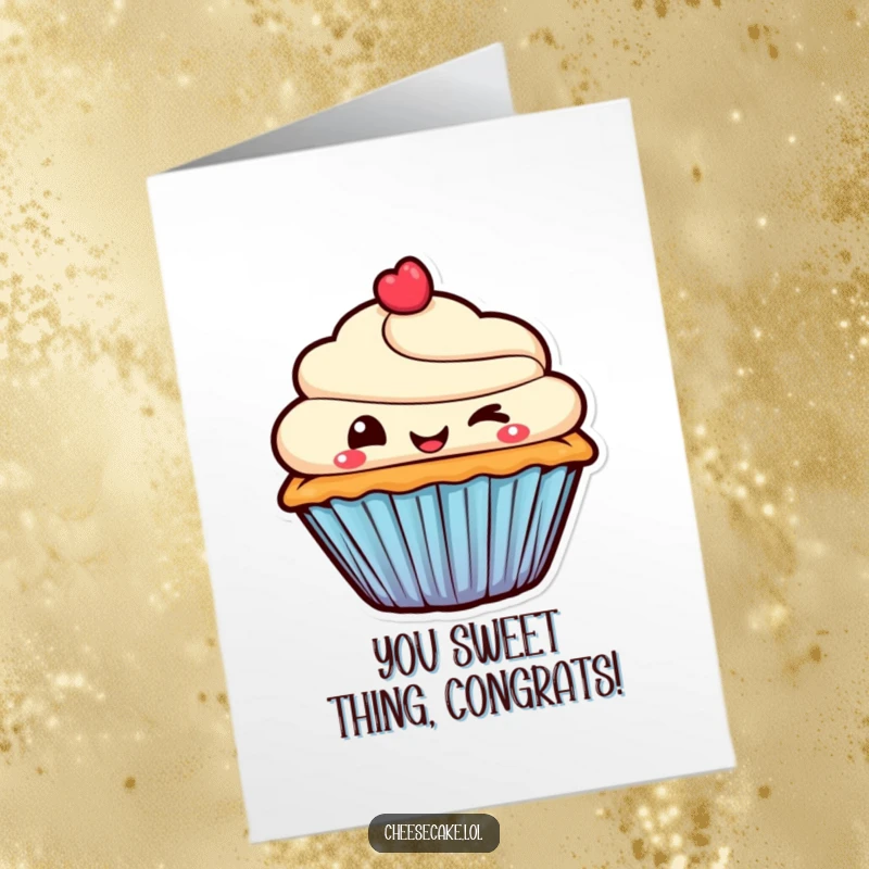 Funny Free Printable Congrats Card: Cupcake character with a sweet smile, winking mischievously to celebrate an accomplishment.