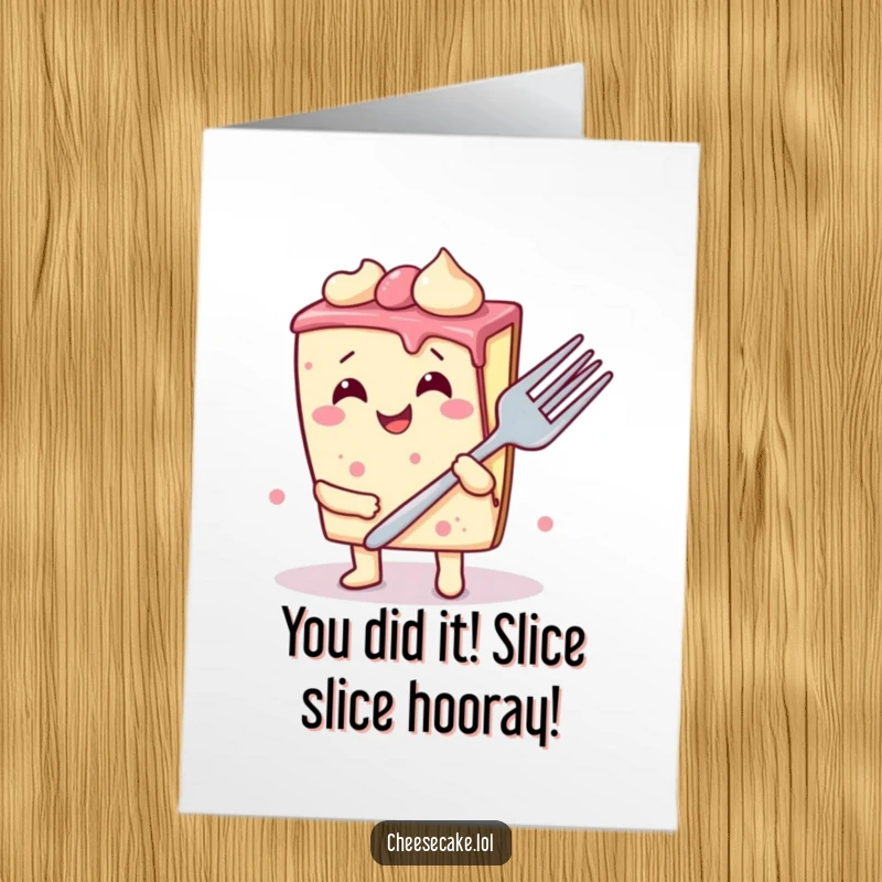 Funny free printable congrats card with a giggling cheesecake slice wielding a giant fork, celebrating a big achievement.