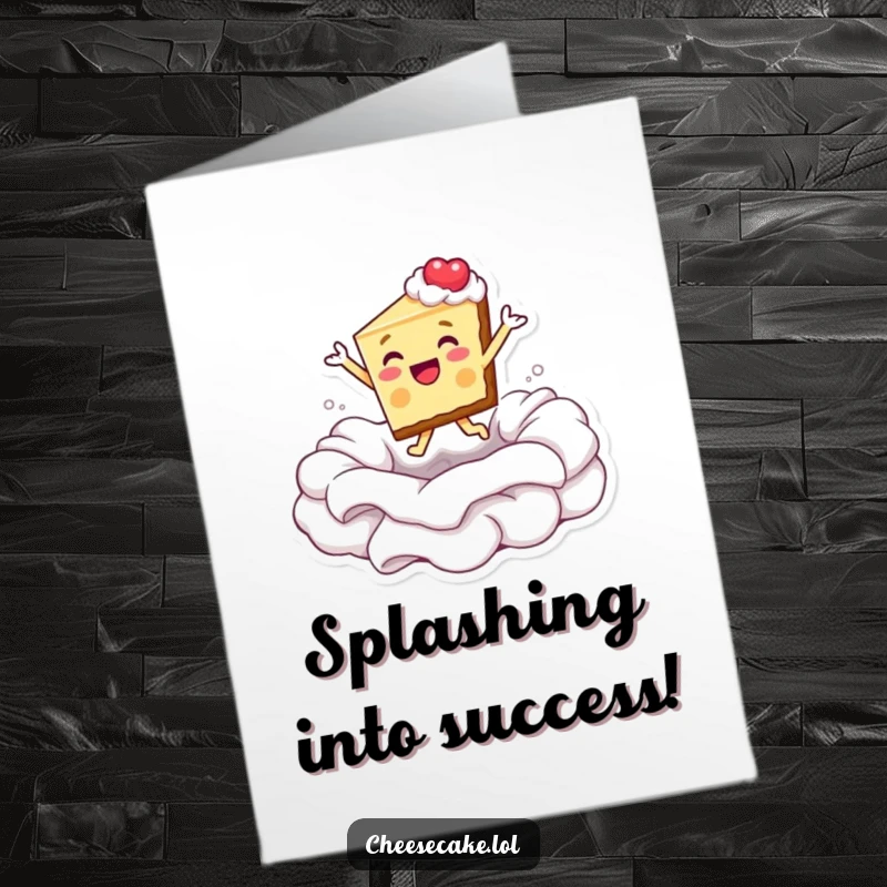 Funny Free Printable Congratulations Card: Cheesecake character gleefully leaping into whipped cream, symbolizing a joyous and delightful achievement.