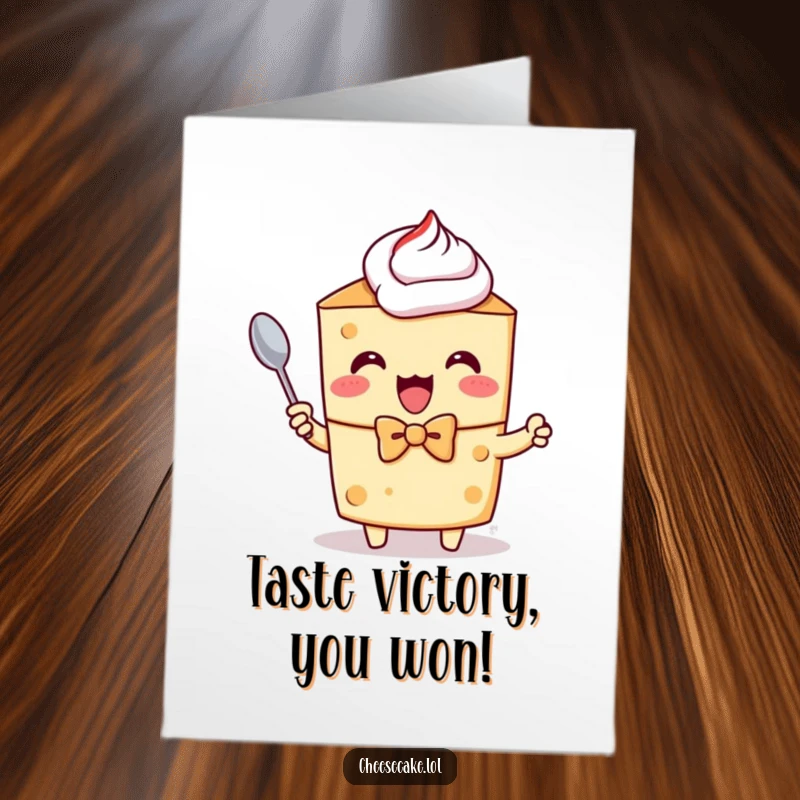 Funny Free Printable Congratulations Card: Cheesecake character in a bow tie, excitedly holding a tiny spoon, ready to celebrate a fancy success.