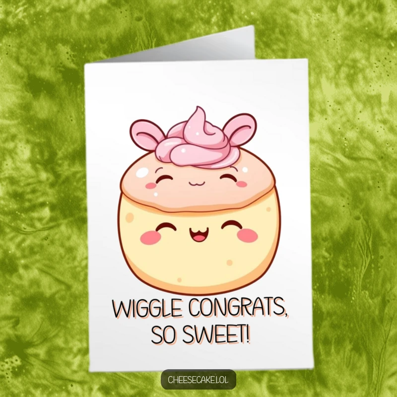 Funny Free Printable congratulations card featuring a cheerful round cake with its frosting ears happily jiggling. A delightful design.