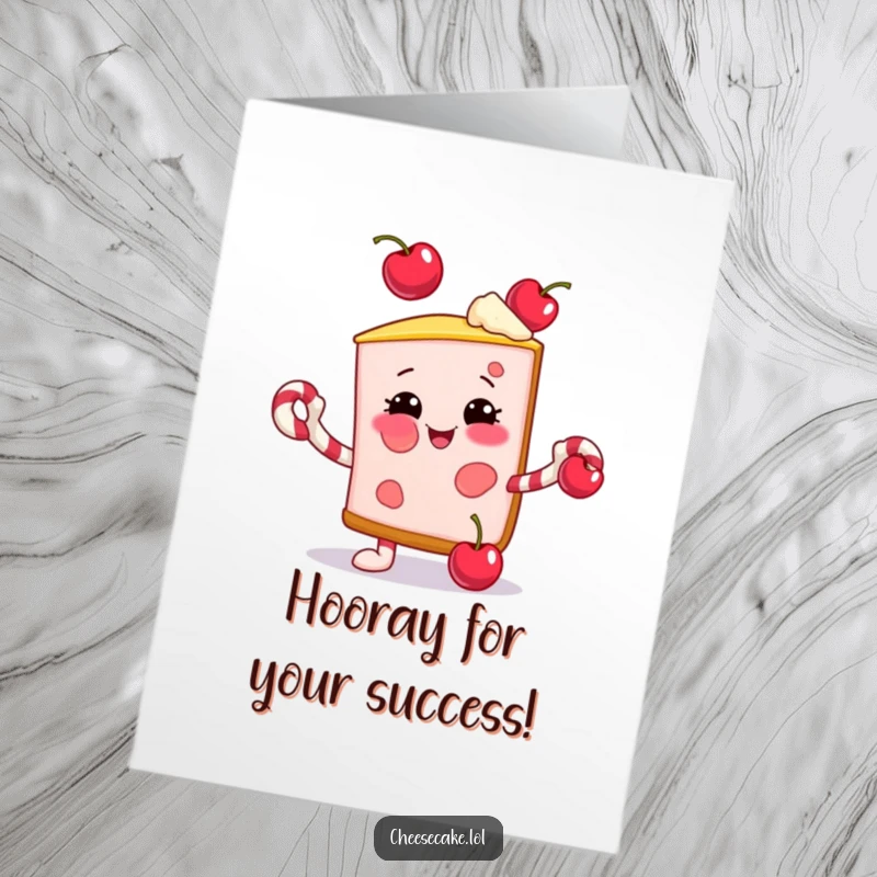 Funny Free Printable Congratulations Card: Smiling cheesecake slice juggles cherries with candy cane arms.