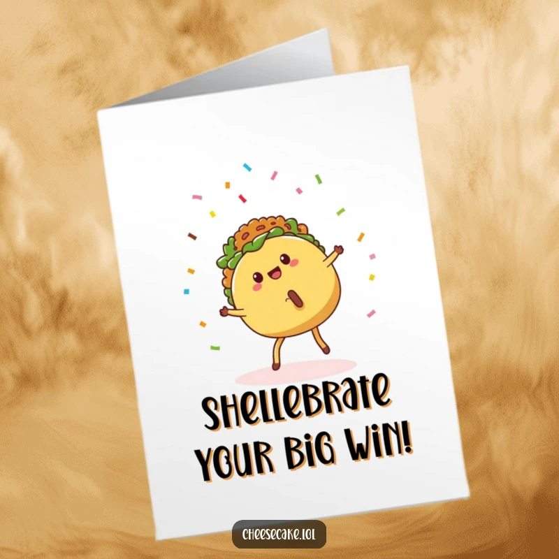 Funny Free Printable Congrats Card: A cute taco with legs performs a cartwheel amidst falling confetti, cheering for success.