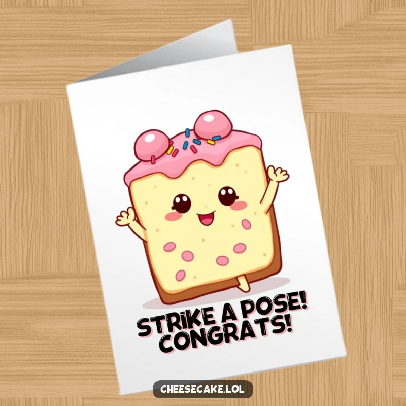 Funny free printable congratulations card of a charming cheesecake slice with sprinkles striking a bold, dramatic pose of triumph.