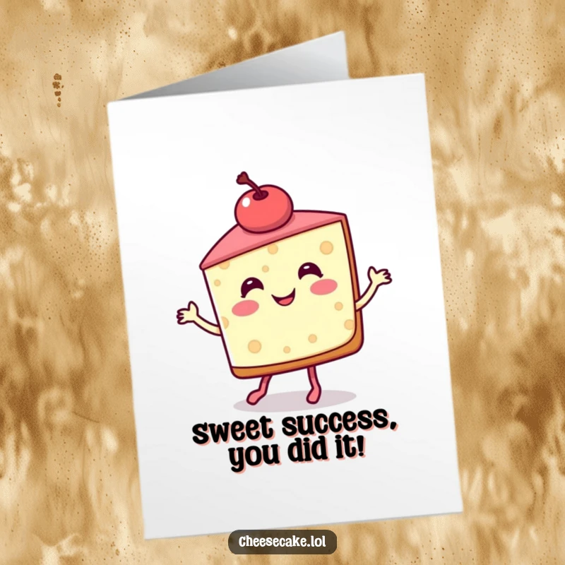 Funny Free Printable Congrats Card: A smiling cheesecake slice with a cherry on top happily jigs, celebrating a sweet success.