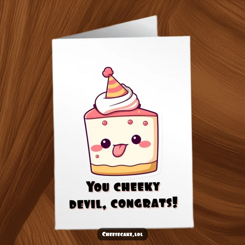 Funny Free Printable Congrats Card: A playful cheesecake character in a party hat sticks out its tongue, celebrating.