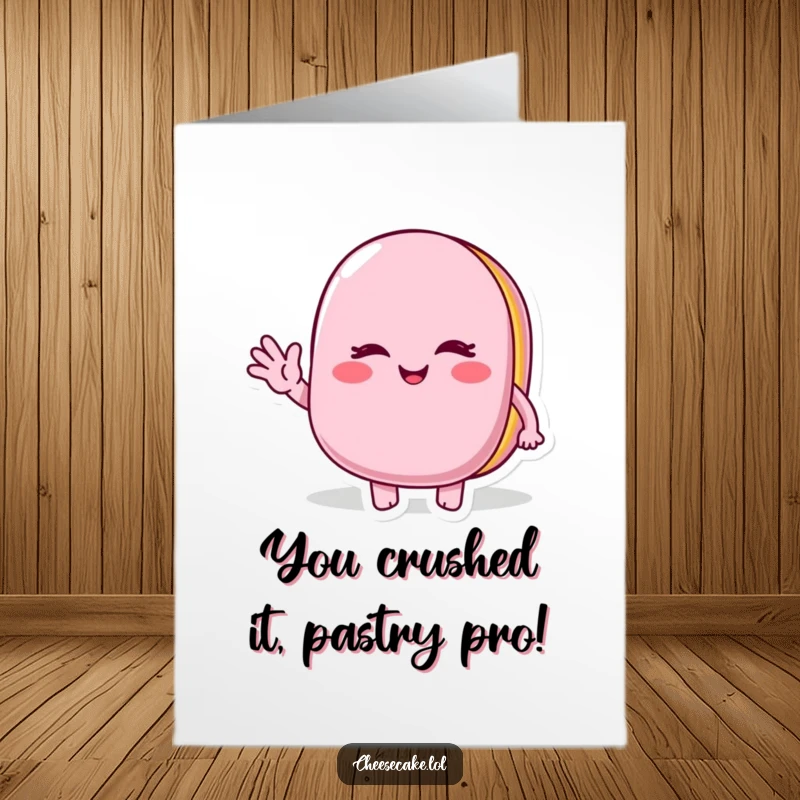 Funny Free Printable Winking Macaroon Congratulations Card, Sweet Treat Waving Joyfully, Celebration Design