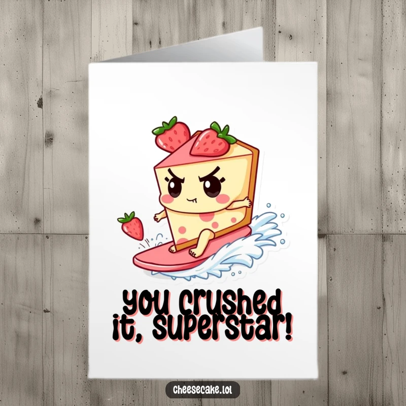Funny Free Printable Congrats Card: Cheesecake character triumphantly surfing a strawberry wave, celebrating a major accomplishment.