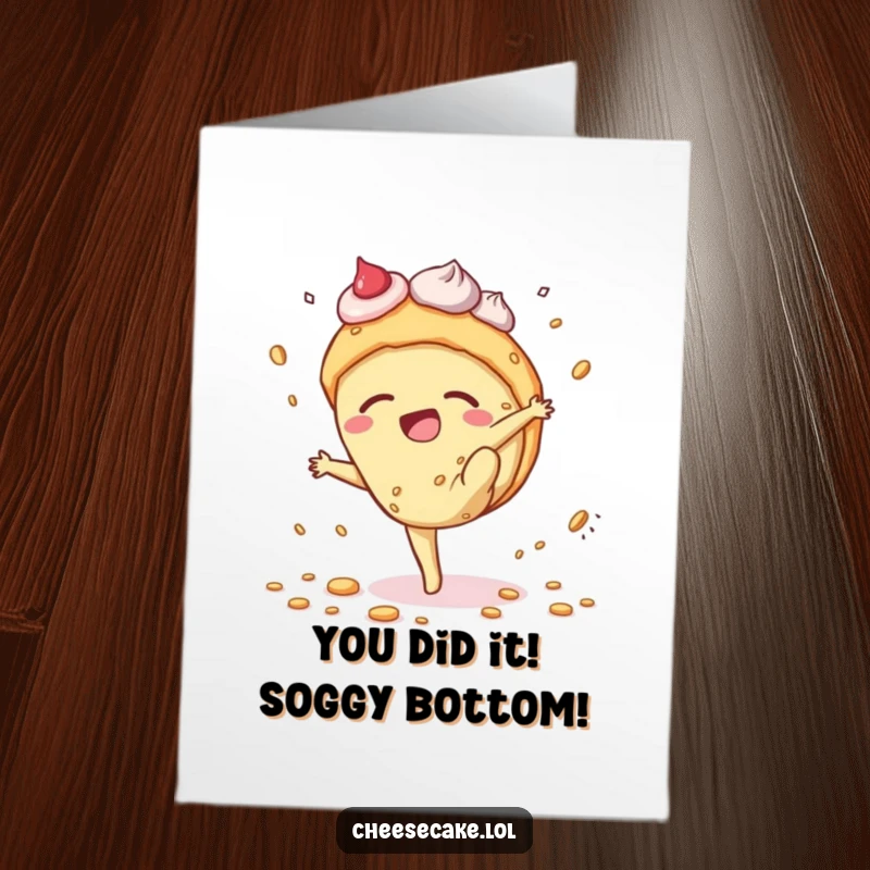 Funny Free Printable Congratulations Card: A cheesecake character doing a crumb-scattering cartwheel to celebrate a big win.