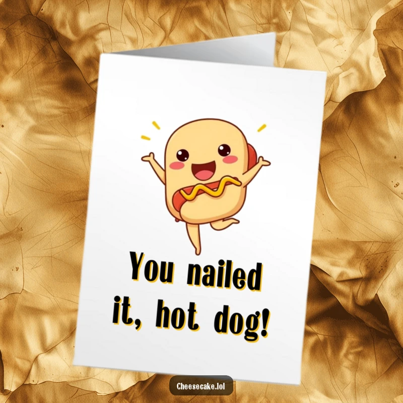 Funny Free Printable Congrats Card: A proud hot dog with mustard poses elegantly in a ballet stance.