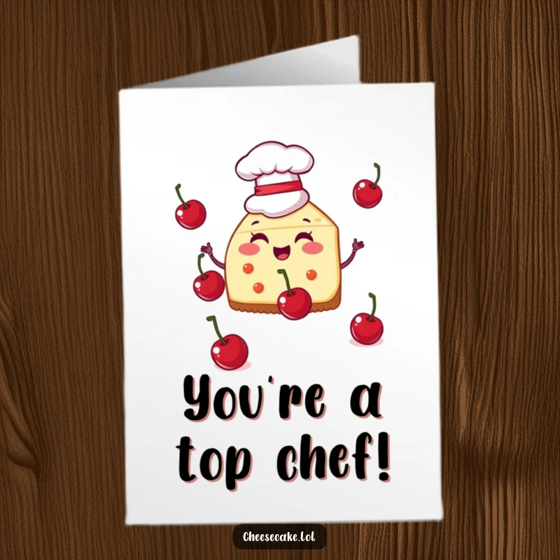 Funny Free Printable Congrats Card: A cheesecake slice chef hat wearing juggles cherries, showcasing impressive skills.