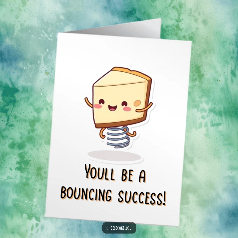 Funny Free Printable Congratulations Card: A jubilant cheesecake slice with little legs bounces energetically on a spring.