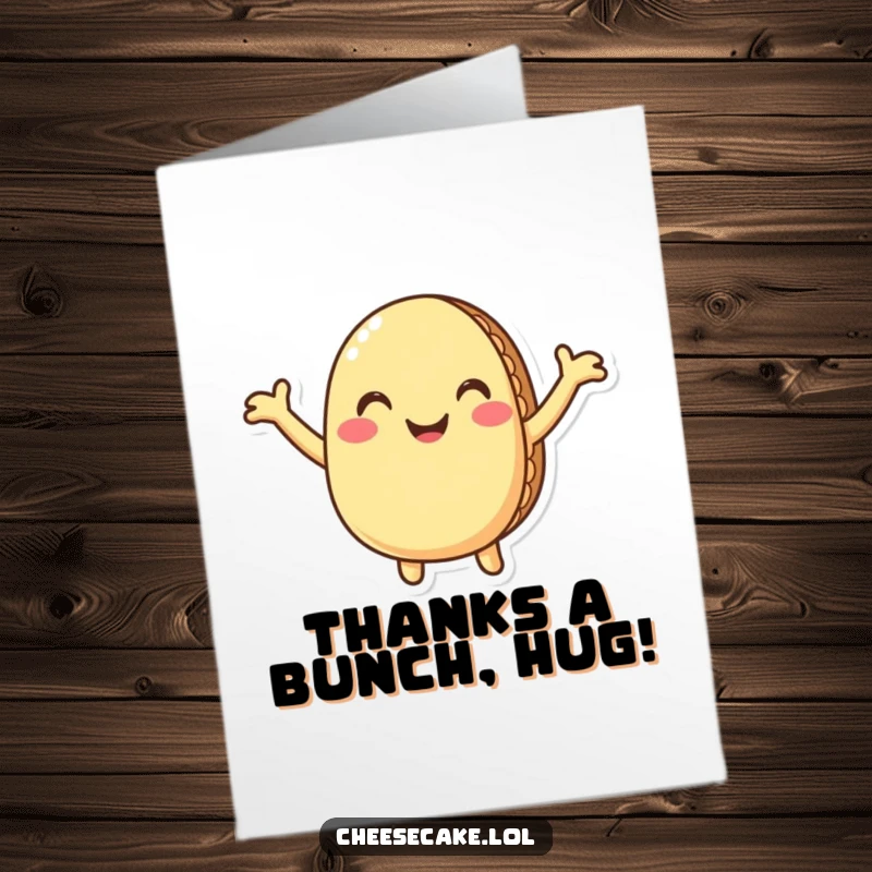 Funny Free Printable thank you card depicting a smiling macaron character offering an outstretched arm hug of gratitude.